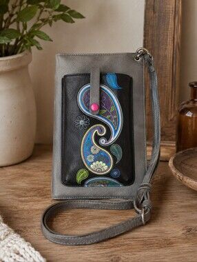 ESPE Grey Crossbody Wallet Organizer Bag Paisley Phone Pouch Boho Travel
